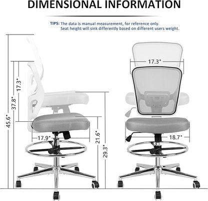 Drafting Chair, Tall Office Chair for Standing Desk, Drafting Stool with Lumbar Support, Adjustable Height and Foot Ring, Grey