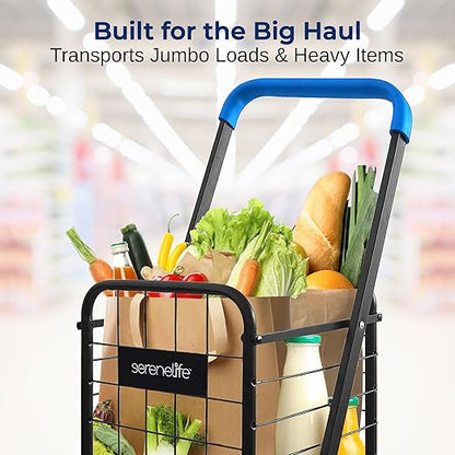 SereneLife Kids Utility/Shopping Cart with Rolling Swivel Front Wheels,66 lbs Capacity,Portable,Lightweight,Collapsible Compact Easy Folding Saves Space, Grocery,Laundry,Luggage with Your Child Blue