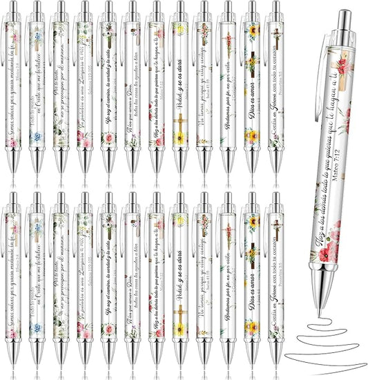 24 Pcs Spanish Christian Pens Regalos Cristianos En Español Bible Verse Ballpoint Pens with Inspirational Quote Spanish Christian Gifts for Religious Church Office School (Wildflower)