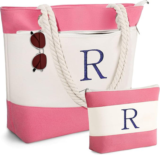 YOOLIFE Christmas Gifts for Women - Initial Canvas Tote Bag & Makeup Bag, Birthday Gifts for Women Mom Teacher Friend Sister