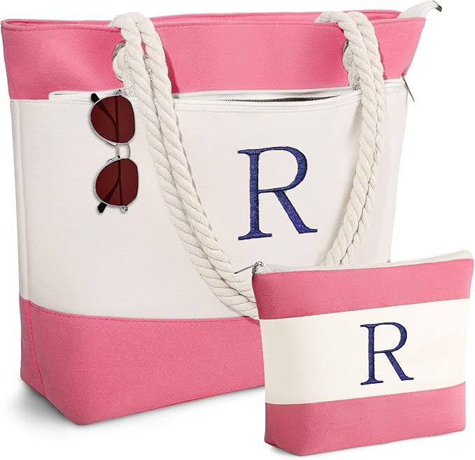 YOOLIFE Christmas Gifts for Women - Initial Canvas Tote Bag & Makeup Bag, Birthday Gifts for Women Mom Teacher Friend Sister