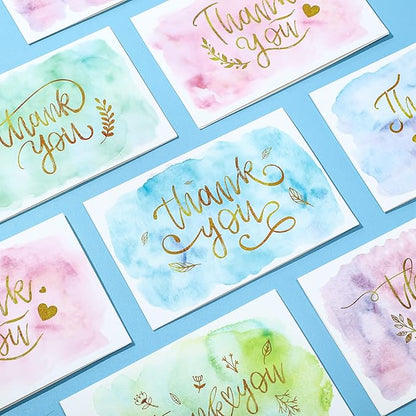 24 Pack Watercolor Thank You Cards with 24 Envelopes 24 Stickers 6 Designs Gold Letter Greeting Note Cards Thank You Notes Round Envelope Seal Stickers for Wedding Graduation(Cute Style)
