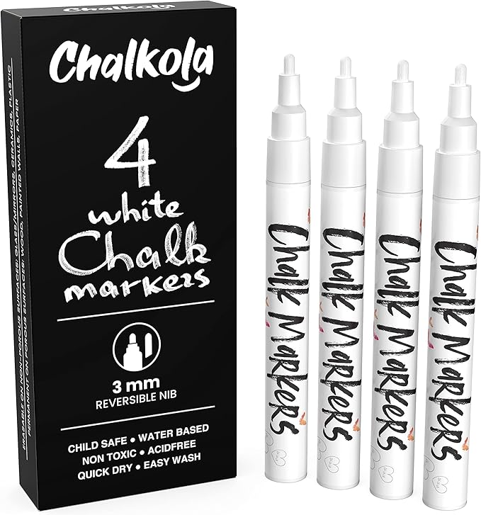 White Chalk Markers Fine Tip (4 Pack 3mm) - Wet & Dry Erase Chalk Pens for Blackboard, Chalkboards, Windows, Signs, Glass, Bistro - 3mm Reversible Bullet & Chisel Point