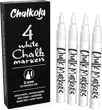 White Chalk Markers Fine Tip (4 Pack 3mm) - Wet & Dry Erase Chalk Pens for Blackboard, Chalkboards, Windows, Signs, Glass, Bistro - 3mm Reversible Bullet & Chisel Point