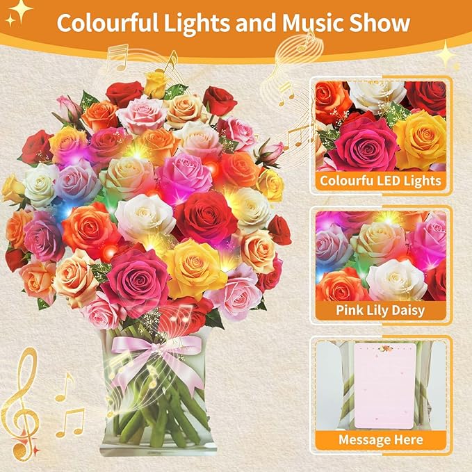 Paper Pop Up Cards, Paper Flower Bouquet 3D Card, Rose Bouquet Greeting Cards with Music and Colorful Lights, Holiday Anniversary Mother's Day Birthday Bouquet Decoration Flower Gift Card