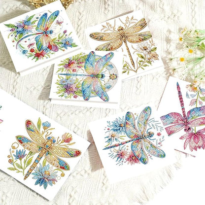 Tontut 6pcs Diamond Art Painting Kit Greeting Card, Colourful Dragonfly 5D DIY Diamond Handmade Holiday Glitter Greeting Card with Envelope, Holiday Gift Congratulation