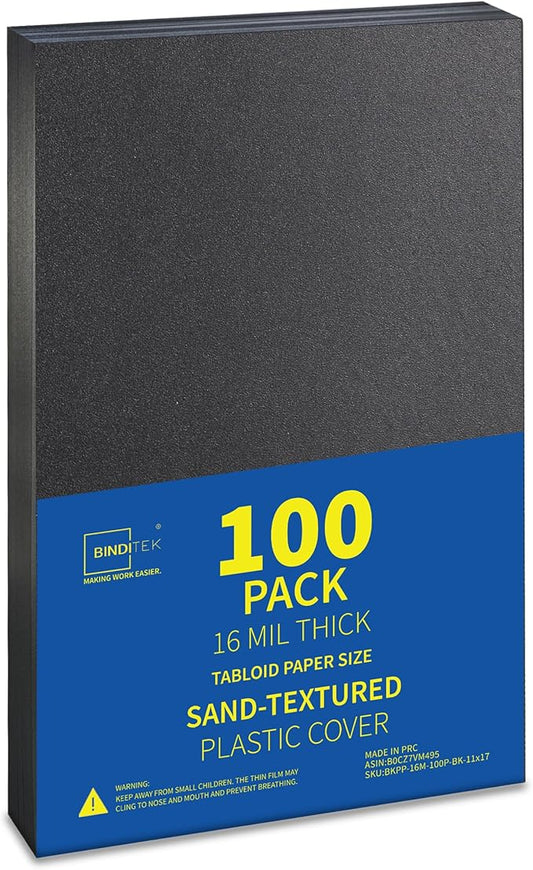 Binditek 100 Pack 16 Mil Sand-Textured Polycover, 11 x 17 Inches Binding Front and Back Covers, Lightly Textured Sand Finish, Heavyduty Binding Presentation Covers, Tabloid, Black