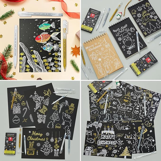 Gold Silver White Gel Pens, 5 Pack, 1 mm Extra Fine Point 3 Colors Gel Ink Pens Set, Opaque White Archival Ink Pens for Black Paper Drawing, Sketching, Illustration, Card Making