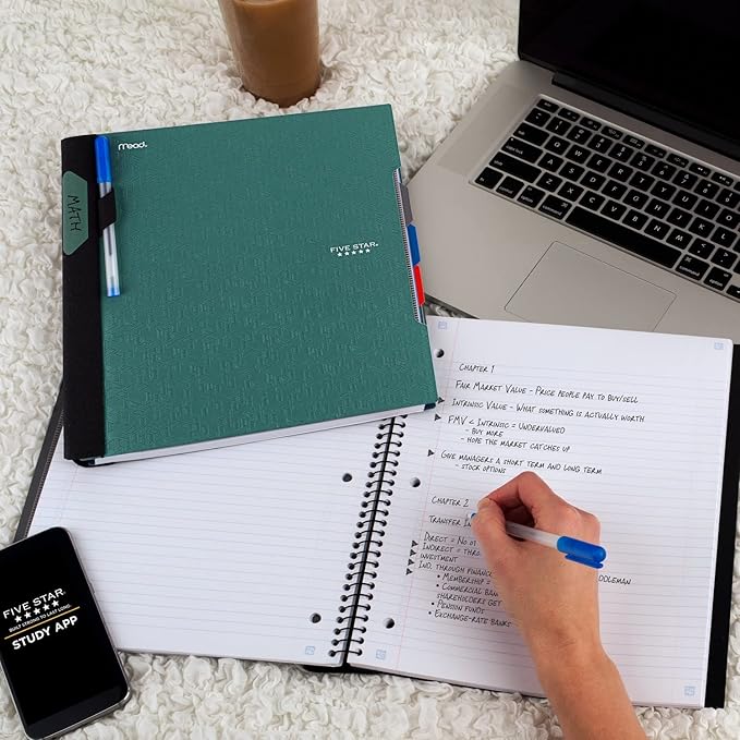 Five Star Advance Spiral Notebook + Study App, 3 Subject, College Ruled Paper, 11" x 8-1/2", 150 Sheets, With Spiral Guard and Movable Dividers, Seaglass Green, 1 Count (73136)