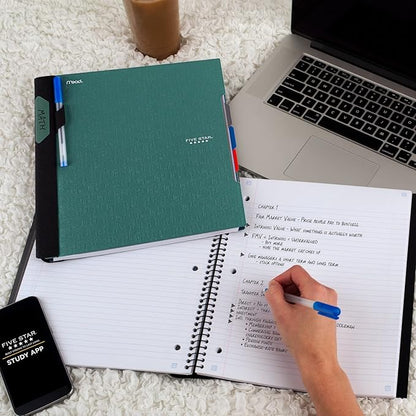 Five Star Advance Spiral Notebook + Study App, 3 Subject, College Ruled Paper, 11" x 8-1/2", 150 Sheets, With Spiral Guard and Movable Dividers, Seaglass Green, 1 Count (73136)