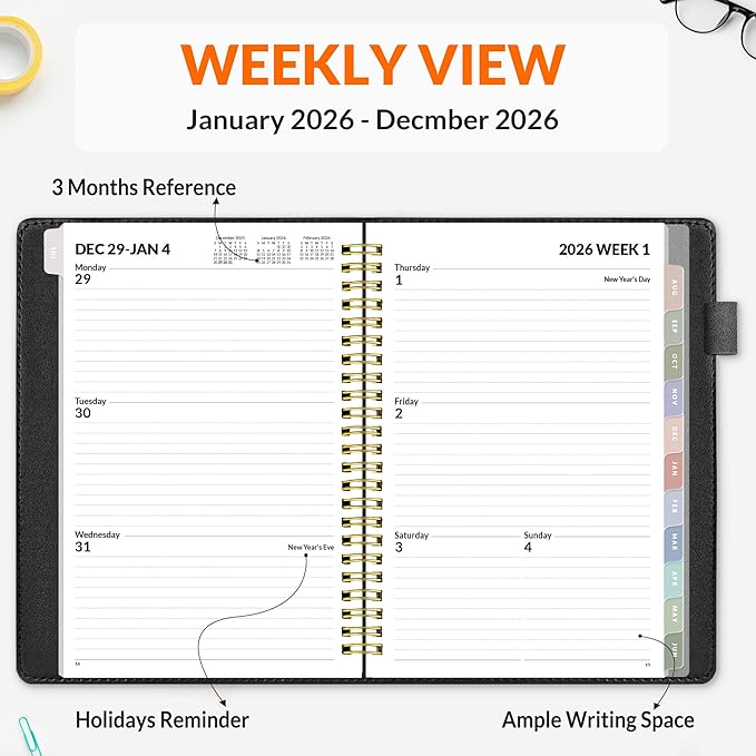 SUNEE 2026 Weekly & Monthly Planner 6.4"x8.5"- 12 Month (January 2026 - December 2026), Vegan Leather Cover, Pocket, Bookmark, Notes, Monthly Tab, Black