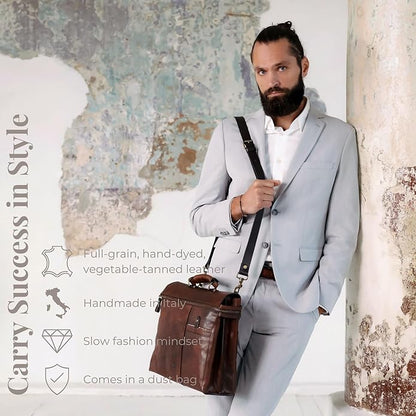 Time Resistance Leather Briefcase Laptop Bag for Men and Women from Full Grain Italian Leather