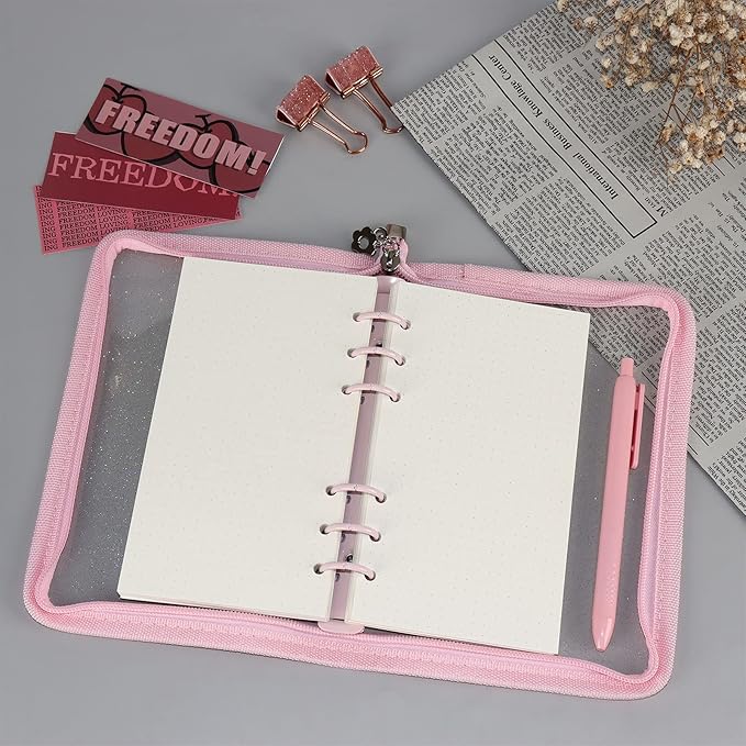 Multibey Pink A6 Binder Cover Clear Soft PVC 6-Ring Binder Budget Cash Evelopes System with Zipper Planner Organizer Refillable Notebook Journal Binder (Pink, A6)