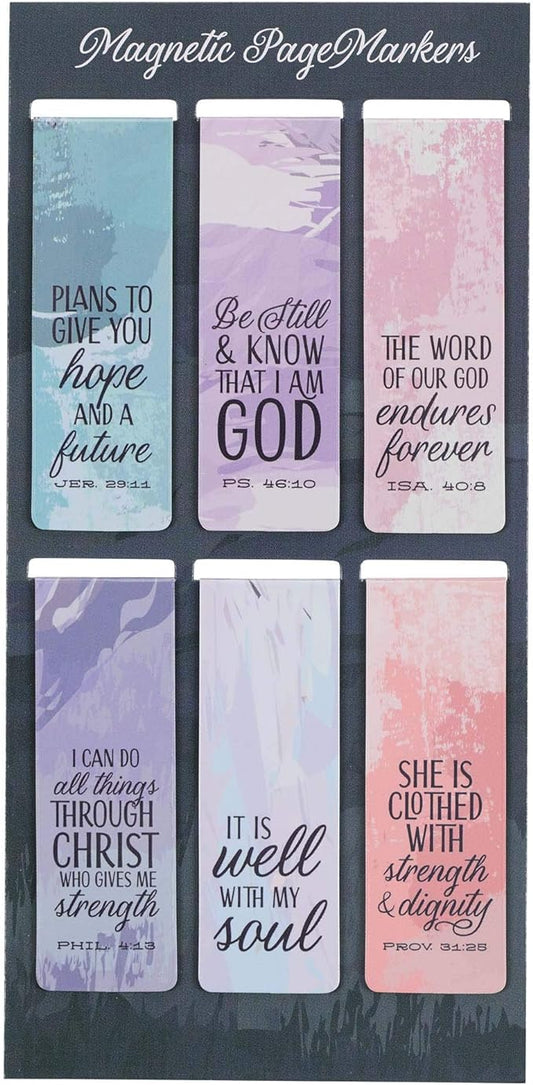 Christian Art Gifts Set of 6 Beloved Scripture Favorites with Abstract Scenic Bookmark Rectangular Folded Magnetic Pastel Design Inspirational Magnetic Bible Verse Bookmark, Size Small 2.3" x 0.8"