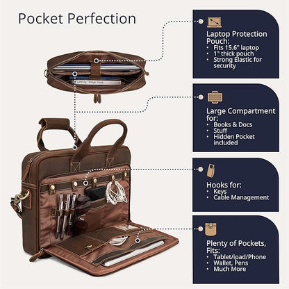 Luxorro Full-Grain Leather Briefcases for Men, Leather Laptop Briefcase For Men, Leather Bag, Leather Computer Bag For Men