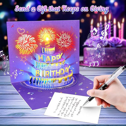 Birthday Cards Birthday Gifts for Women Fireworks Pop Up Cake Light and Music Happy Birthday Card Purple Gold