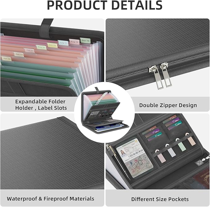Fireproof Accordion File Organizer, Portable Expanding File Folder with Waterproof Zipper&Labels, Dark Gray Document Organizer with 13 Pockets, File Organizer for Important Document/Paper Storage