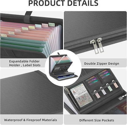 Fireproof Accordion File Organizer, Portable Expanding File Folder with Waterproof Zipper&Labels, Dark Gray Document Organizer with 13 Pockets, File Organizer for Important Document/Paper Storage