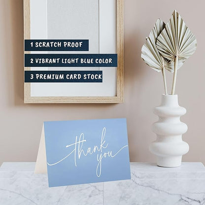 100 Bulk Light blue Thank You Cards with white Envelopes and stickers - 4 Minimalistic Designs Blank Thank You Notes with Envelopes for business Wedding Bridal Gift Baby Shower Business Graduation