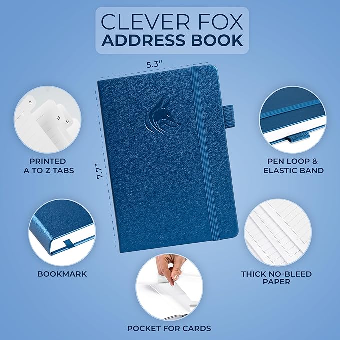 Clever Fox Address Book with alphabetic tabs - PU Leather Telephone and Address Book for Keeping Contacts Safe, Contact Organizer Journal, Medium Size (5.3″ x 7.7″) Hardcover, Mystic Blue
