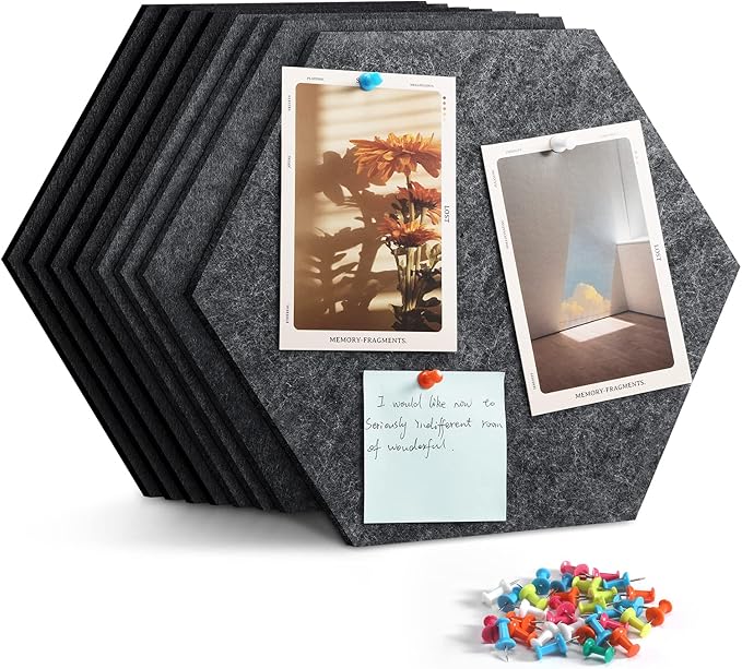 12" Large Bulletin Board with 30 Push Pins, Pack of 8 Hexagon Felt Pin Board Notice Boards for Home Office, Felt Wall Tiles for Photos Memos