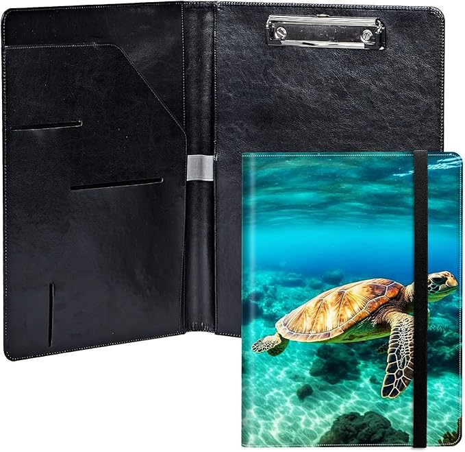 Sea Turtle PU Leather Padfolio Clipboard Notepad with Pen Loop and Elastic Strap Interview/Resume Document Organizer for Business School Office