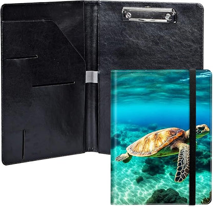 Sea Turtle PU Leather Padfolio Clipboard Notepad with Pen Loop and Elastic Strap Interview/Resume Document Organizer for Business School Office