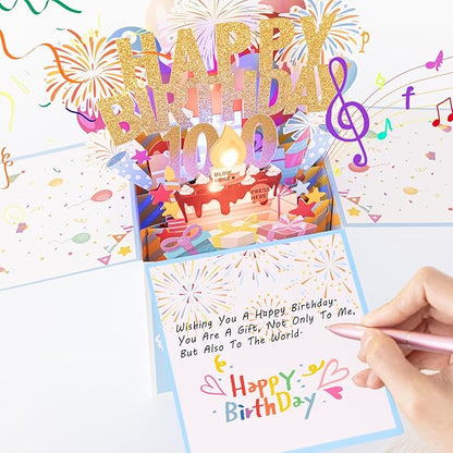 Tnvee 100TH Birthday Cards with Lights & Music & Candle, 3D Pop Up Singing Happy Birthday Greeting Cards Gfits for 100 Years Old Women Man Mom Dad Grandma Grandfa