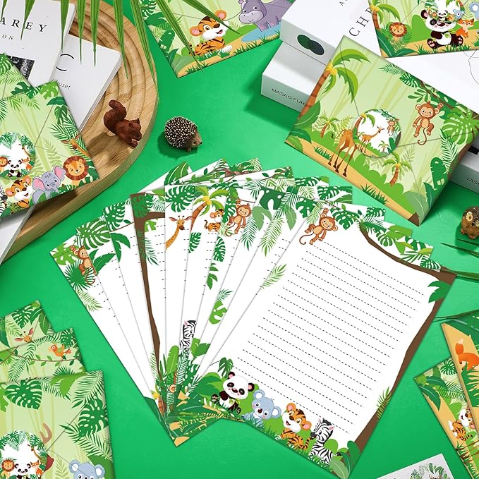 TaoBary 160 Packs Stationery Paper Set (50 Double Sided Stationery Writing Papers 50 Matching Envelopes) 60 Round Dot Sticker, 10 Design(Safari Animal,5.5 x 8.25 Inch)
