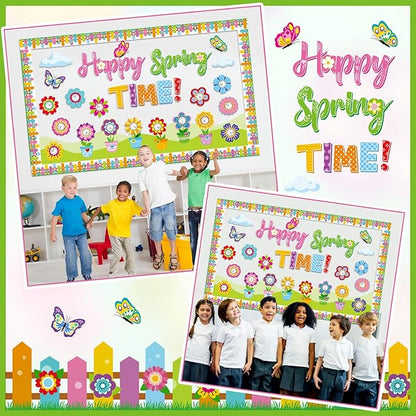 Kosiz Spring Clock Bulletin Board Decorations Set Flower Pot Butterfly Time Learning Paper Cutouts Happy Spring Time Classroom Decorations with Fence Borders for School Wall Chalkboard Door Home