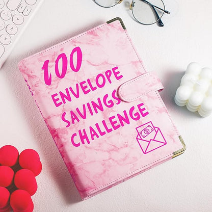 100 Envelopes Challenge Binder Savings Challenges Book, A5 Money Saving Planner Cash Envelope Budget Binder with Erasable Pen, Easy and Fun Way to Save $5,050, 10,000 and $500 (Marble Pink)