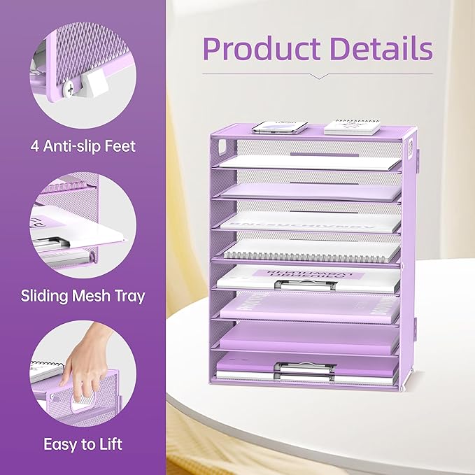DALTACK 9-Tier Paper Letter Tray Desk Organizer with Handles, Mesh File Holder Organization, Paper Sorter Desk Organizer for Office Home School, Purple 2 Pack