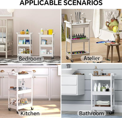 3-Tier Utility Rolling Cart with Cover Top Board, Mobile Utility Cart with Lockable Casters Multi-Functional Storage Trolley for Office, Bathroom, Kitchen, Garden, Laundry Room (White)