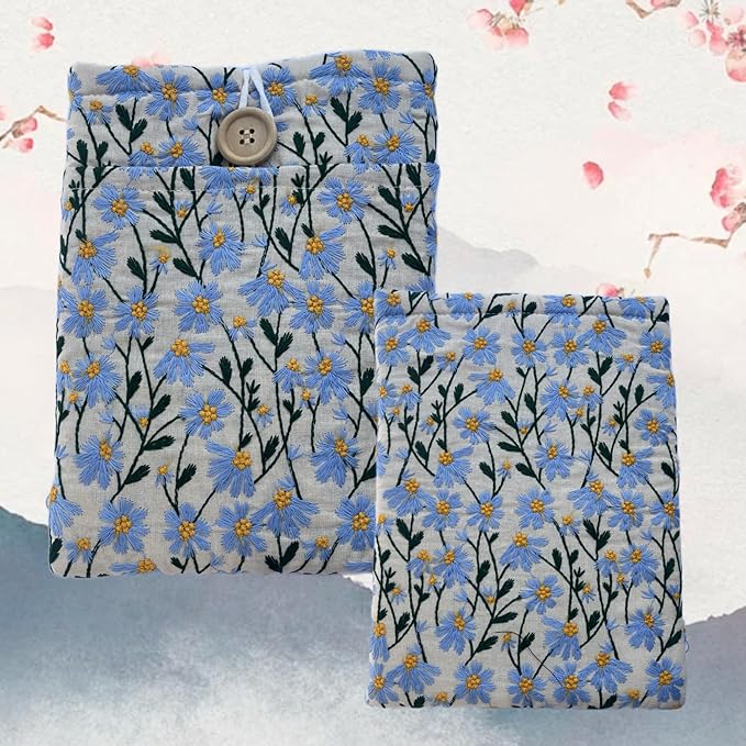 Embroidered Blue Daisy Book Sleeve. Book Cover/Protector