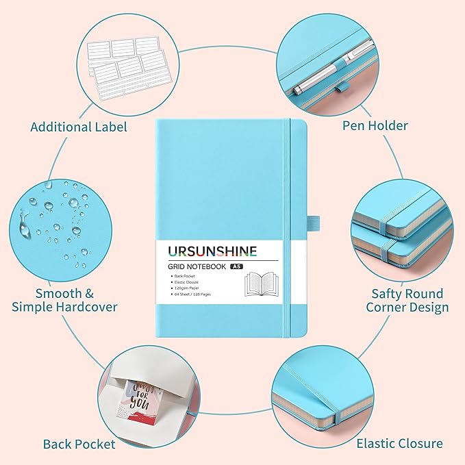 Graph Grid Paper Notebook/Journal - Classic Journal/Notebook with Ribbon Divider, Hardcover with Thick Paper, 5.3" x 8.26", Banded + Pen Holder +Inner Pocket - Light Blue