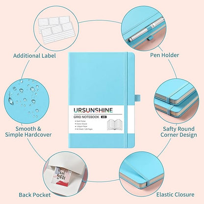 Graph Grid Paper Notebook/Journal - Classic Journal/Notebook with Ribbon Divider, Hardcover with Thick Paper, 5.3" x 8.26", Banded + Pen Holder +Inner Pocket - Light Blue