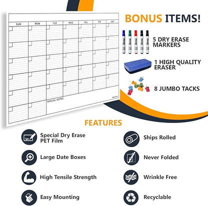 Dry Erase Laminated Jumbo Wall Calendar, Huge 24-inch by36-Inch Size, Monthly Planner for Home Office, Classroom, Large Date Boxes, Reusable Film, Never Folded, Includes 5 Markers, 8 Tacks. I Eraser