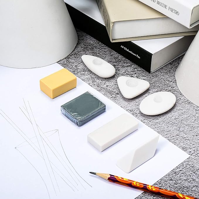 10 Pieces Drawing Art Pencil Erasers, Multi-Shape Painting Grey Kneaded White Foam Erasers with Grip for Art Sketching Drafting Supplies
