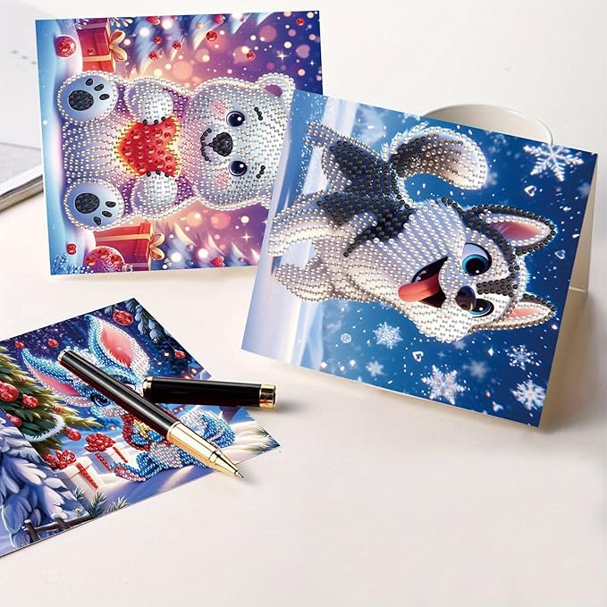 Tontut 8pcs Diamond Art Painting Greeting Card, Bear, Dog, Cat Animals 5D DIY Special Shape Diamond Painting Christmas Birthday Greeting Card Creative Gifts