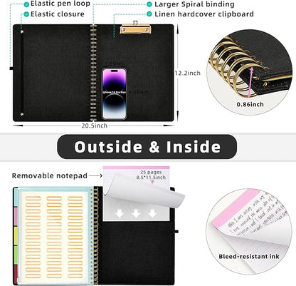 Ospelelf Black Foldable Spiral Clipboard Folio with Storage Zipper Pouch, 5 Plastic Folders with 10 Pockets,Refillable Lined Notepad (11" x 8.5"), Hardcover Project Organizer with 39 Stickers