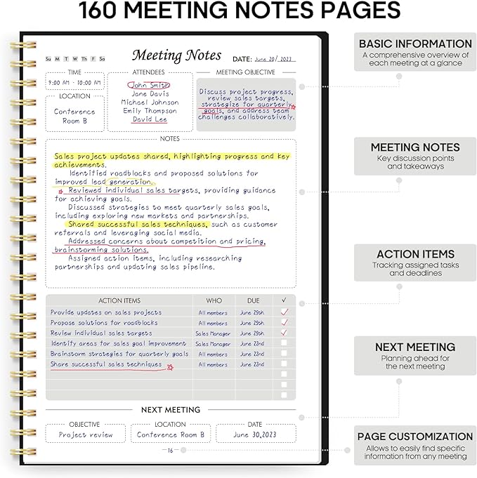Meeting Notebook For Work Organization - Work Planner Notebook With Action Items, Agenda Planner For Note Taking, 160Pages (6.9" X 9.9") Project Planner For Men & Women - Black