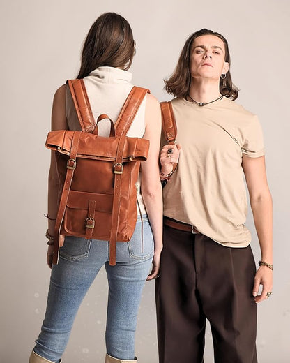 Genuine Leather Backpack for Men & Women, Rolltop Laptop Bookbag, Vintage Back Pack Rucksack for work & travel, Brown (Tan)
