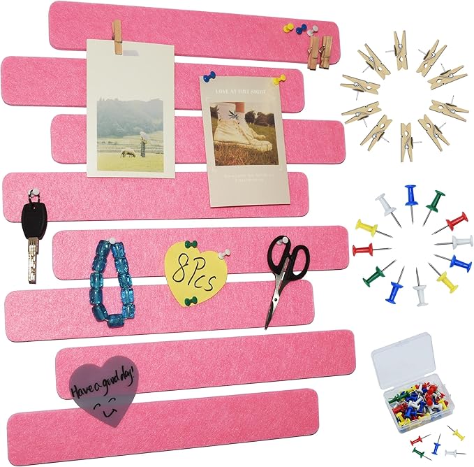 8Pcs Bulletin Board Strips,Pink Felt Pin Board Bar Strips with 50 Pushpins, Self-Adhesive Felt Cork Board Strips for Wall to Display Your Notes, Photos, Schedules, Announcements