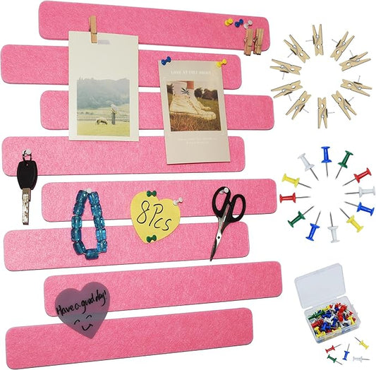 8Pcs Bulletin Board Strips,Pink Felt Pin Board Bar Strips with 50 Pushpins, Self-Adhesive Felt Cork Board Strips for Wall to Display Your Notes, Photos, Schedules, Announcements