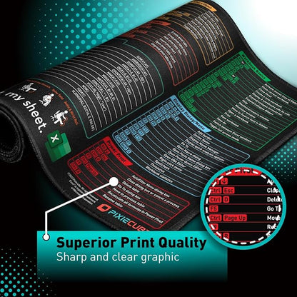 Excel Shortcut Keys Mouse Pad - Extended Large XXL Cheat Sheet Gaming Mousepad | PC Office Spreadsheet Keyboard Mat | Non-Slip Stitched Edge