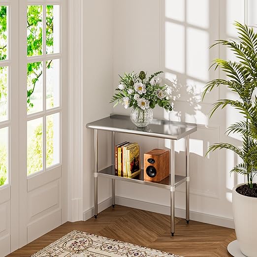 Stainless Steel Table 18 x 36 Inches Metal Prep Table with Backsplash & Adjustable Undershelf for Commercial Kitchen, Outdoor, Restaurant, Hotel & Garage