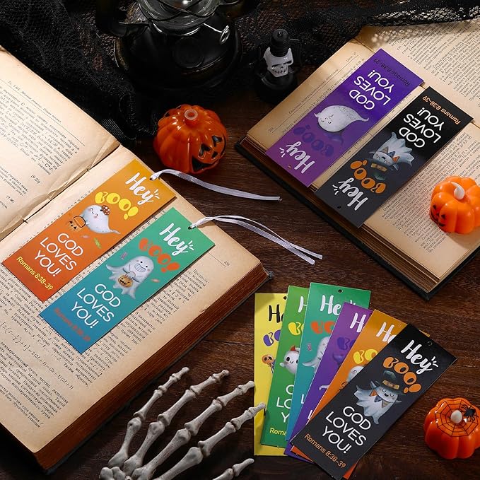 60 Pcs Halloween Bookmark Hey Boo God Loves You Bookmark Romans 8: 38-39 Ghost Christian Bookmarks VBS Exchange Gifts for Kids Adult Church School Classroom Prizes Party Favors