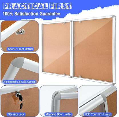 2 Pack Enclosed Bulletin Board 48" x 36" Weather Resistant Lockable Enclosed Cork Case Display Noticeboard Wall Mounted 2 Locking Door Aluminum Frame for School Classroom Office, 12xa4, Brown