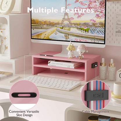 BONTEC Monitor Stand Riser, 2 Tiers Wood Monitor Riser Stand with Storage Organizer, Desktop Ergonomic Monitor Stand Riser with Cellphone Holder and Cable Management, 16.7 Inch Shelf, Pink