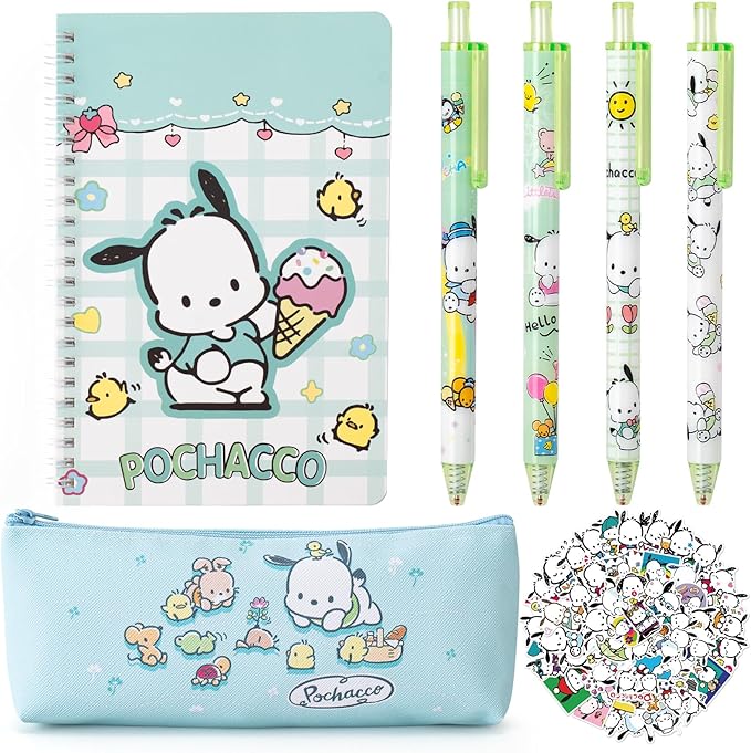 Cute School Supplies Anime Stationery Gift Set Includs Gel Pens, Journal Notebook, 50 Stickers, Pencil Case, Kawaii Stationery Set, Back to School Gift(Green)